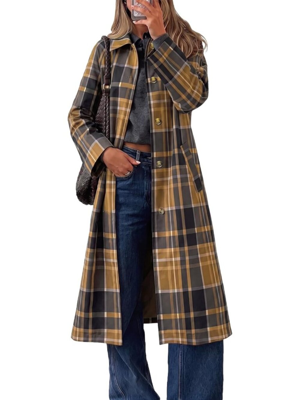 Stylish Women's Plaid Trench Coat, Fall Fashion, Lapel, Long & Chic Outerwear